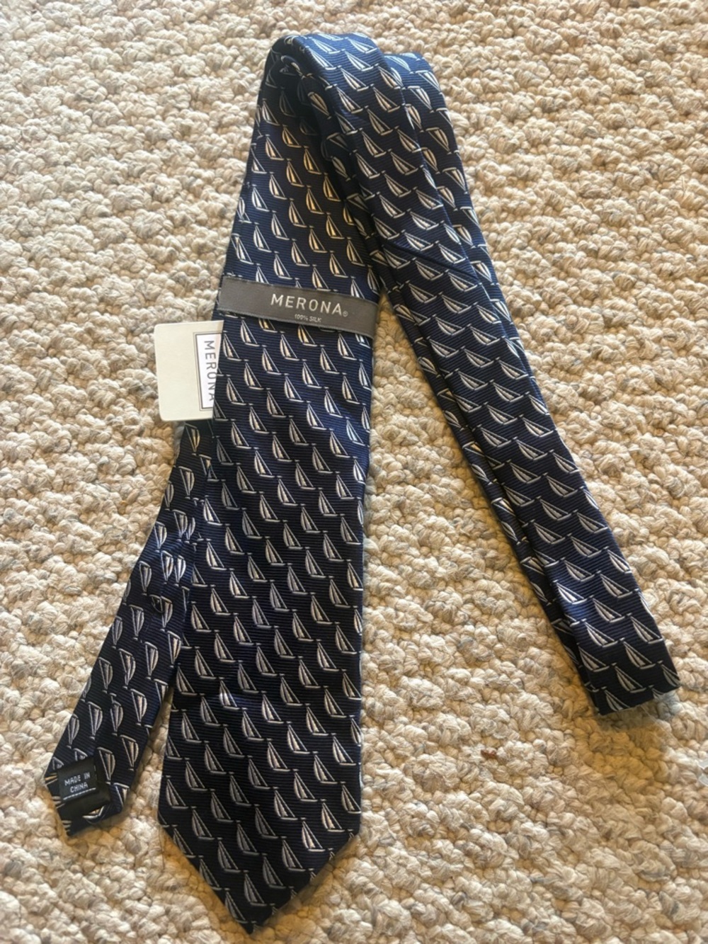Merona Navy and White Sailboat Motif Tie